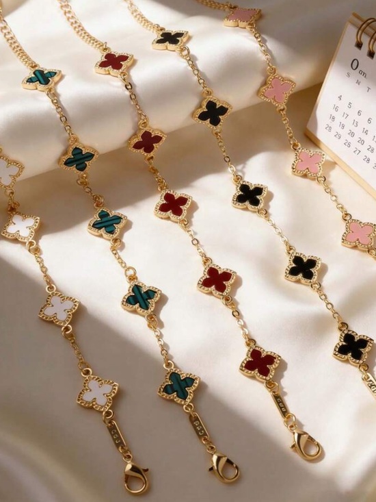 Jewelry - 5pc Gold Clover-Link Women's Bracelet Pink Black White Green Red Enamel fashion